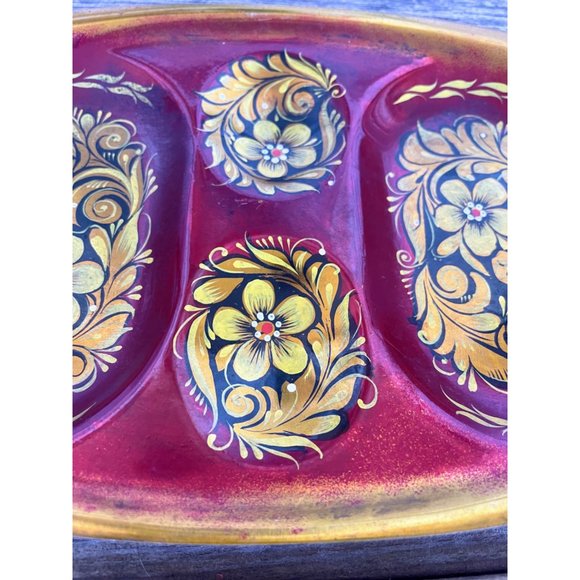 Vintage small Toleware Floral Tidbit relish tray Red Gold - Picture 5 of 11